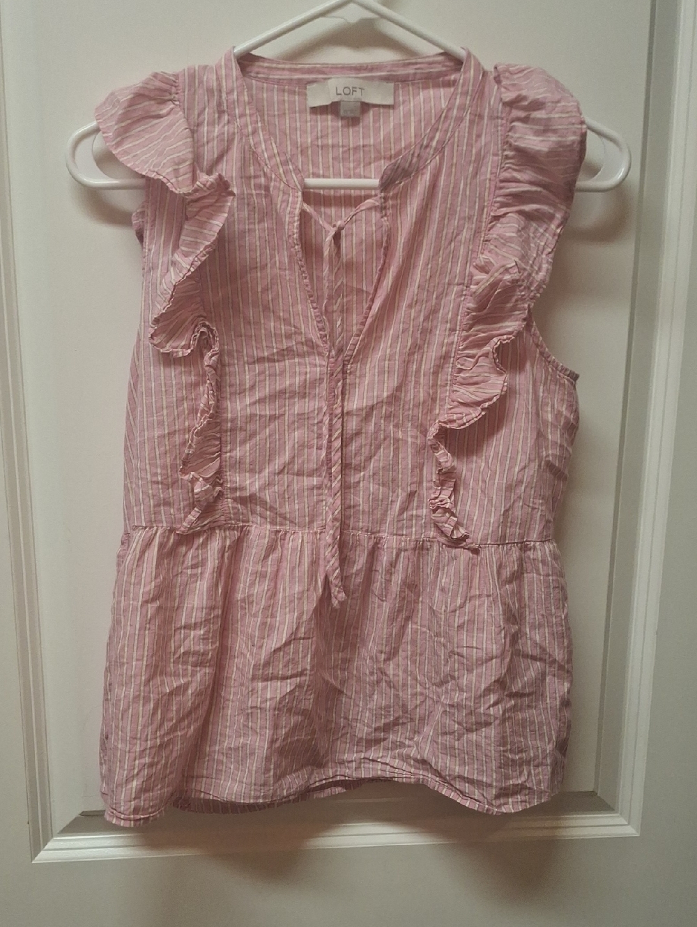 LOFT Pink and White Striped Ruffle Peplum Sleeveless Top